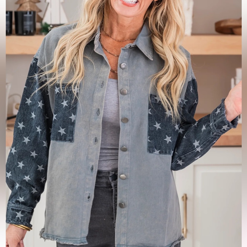 Mineral Washed Star Sleeve Denim Jacket